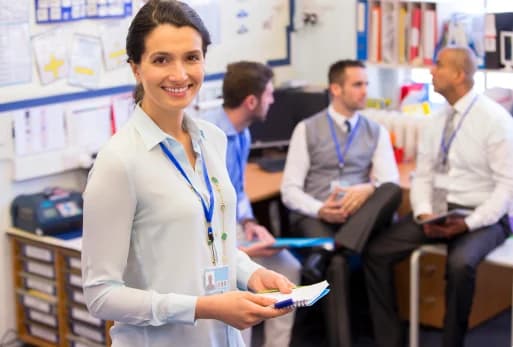 Professional staffing agency team working with substitute teachers and school administrators